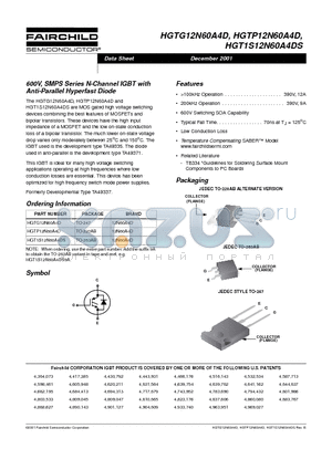 HGT1S12N60A4DS datasheet - 600V, SMPS Series N-Channel IGBT with Anti-Parallel Hyperfast Diode