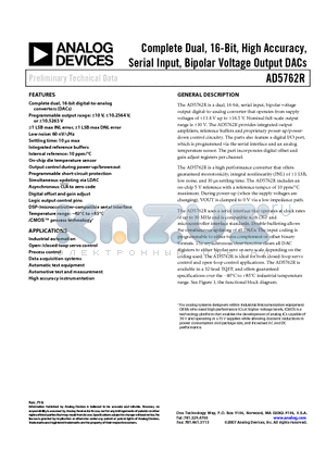 AD5762RCSUZ-REEL7 datasheet - Complete Dual, 16-Bit, High Accuracy, Serial Input, Bipolar Voltage Output DACs