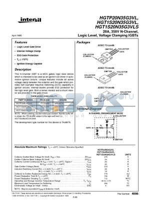 HGT1S20N35G3VL datasheet - 20A, 350V N-Channel, Logic Level, Voltage Clamping IGBTs