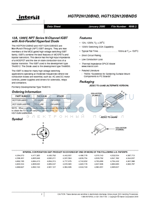 HGT1S2N120BNDS datasheet - 12A, 1200V, NPT Series N-Channel IGBT with Anti-Parallel Hyperfast Diode