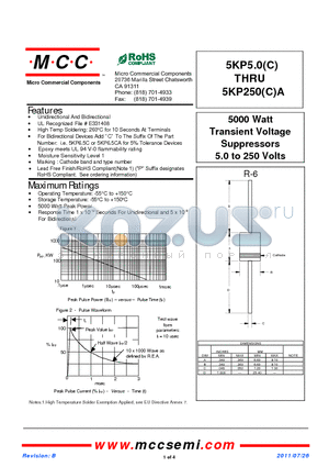 5KP7.0A datasheet - 5000 Watt Transient Voltage Suppressors 5.0 to 250 Volts