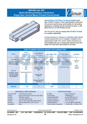 890-006-15PS-BST2J datasheet - Nanominiature Connectors Single Row Vertical Mount Printed Circuit Board