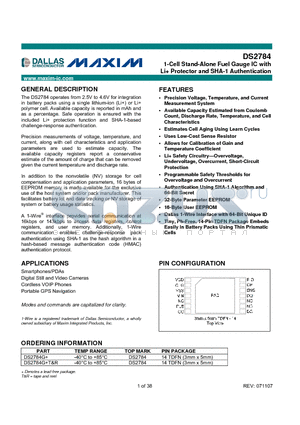 DS2784 datasheet - 1-Cell Stand-Alone Fuel Gauge IC with Li Protector and SHA-1 Authentication