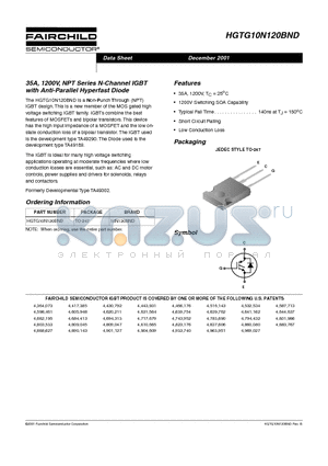 HGTG10N120BND datasheet - 35A, 1200V, NPT Series N-Channel IGBT with Anti-Parallel Hyperfast Diode