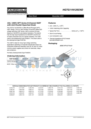HGTG11N120CND datasheet - 43A, 1200V, NPT Series N-Channel IGBT with Anti-Parallel Hyperfast Diode