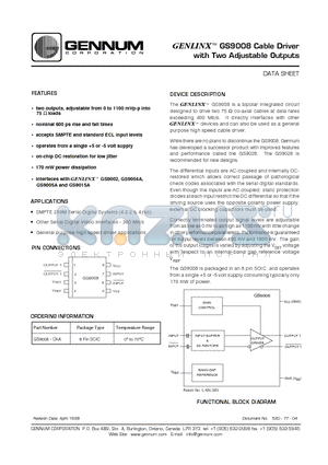 GS9008-CKA datasheet - Cable Driver with Two Adjustable Outputs