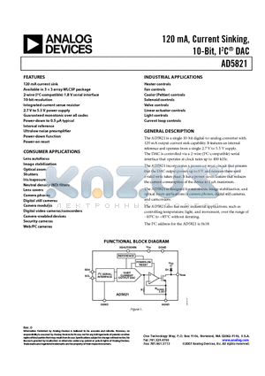 AD5821 datasheet - 120 mA, Current Sinking, 10-Bit, I2C DAC