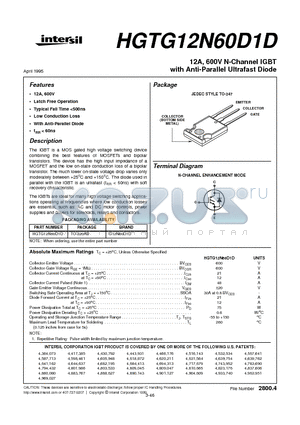 HGTG12N60D1 datasheet - 12A, 600V N-Channel IGBT with Anti-Parallel Ultrafast Diode