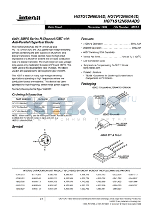 HGTG12N60A4D datasheet - 600V, SMPS Series N-Channel IGBT with Anti-Parallel Hyperfast Diode