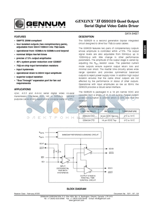 GS9029-CKD datasheet - GENLINX  GS9029 Quad Output Serial Digital Video Cable Driver