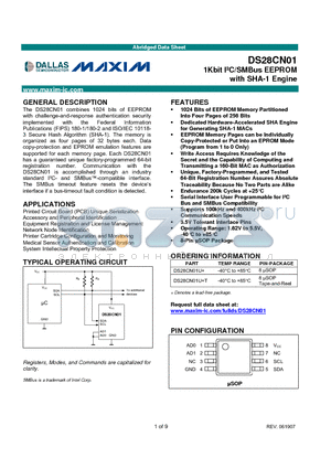 DS28CN01 datasheet - 1Kbit IbC/SMBus EEPROM with SHA-1 Engine