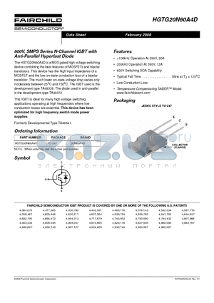 HGTG20N60A4D_09 datasheet - 600V, SMPS Series N-Channel IGBT with Anti-Parallel Hyperfast Diode