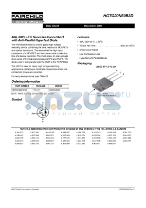 HGTG20N60B3D datasheet - 40A, 600V, UFS Series N-Channel IGBT with Anti-Parallel Hyperfast Diode