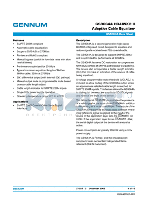 GS9064ACKDE3 datasheet - GS9064A HD-LINX^ II Adaptive Cable Equalizer