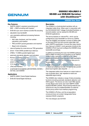 GS9062 datasheet - HD-LINX II SD-SDI and DVB-ASI Serializer with ClockCleaner