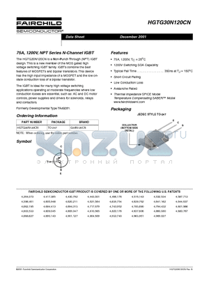 HGTG30N120CN datasheet - 75A, 1200V, NPT Series N-Channel IGBT