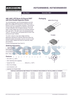 HGTG30N60B3D datasheet - 60A, 600V, UFS Series N-Channel IGBT