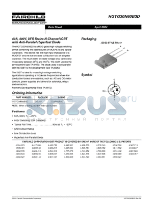 HGTG30N60B3D_04 datasheet - 60A, 600V, UFS Series N-Channel IGBT with Anti-Parallel Hyperfast Diode