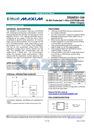 DS28E01P-100 datasheet - 1K-Bit Protected 1-Wire EEPROM with SHA-1 Engine