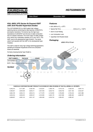 HGTG30N60C3D datasheet - 63A, 600V, UFS Series N-Channel IGBT with Anti-Parallel Hyperfast Diodes