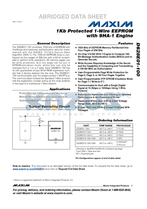 DS28E01P-100+ datasheet - 1Kb Protected 1-Wire EEPROM with SHA-1 Engine