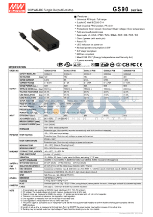 GS90A12-P1M datasheet - 90WAC-DC Single Output Desktop
