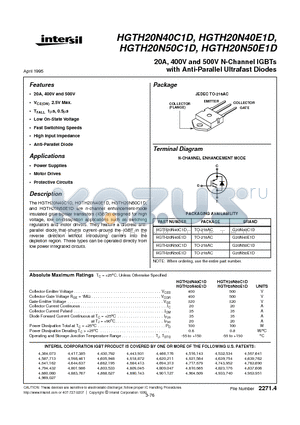 HGTH20N50E1D datasheet - 20A, 400V and 500V N-Channel IGBTs with Anti-Parallel Ultrafast Diodes