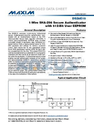 DS28E15G+ datasheet - 1-Wire SHA-256 Secure Authenticator with 512-Bit User EEPROM