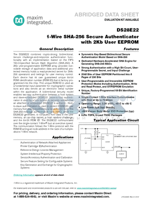 DS28E22P datasheet - 1-Wire SHA-256 Secure Authenticator with 2Kb User EEPROM