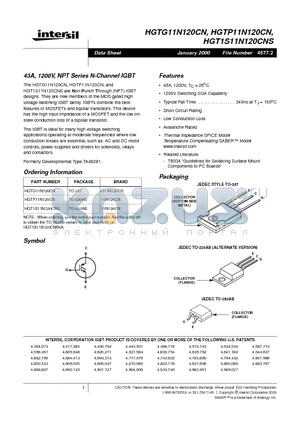 HGTP11N120CN datasheet - 43A, 1200V, NPT Series N-Channel IGBT