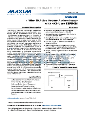 DS28E25P+ datasheet - 1-Wire SHA-256 Secure Authenticator with 4Kb User EEPROM