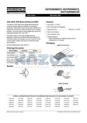 HGTP20N60C3 datasheet - 45A, 600V, UFS Series N-Channel IGBT