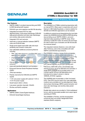 GS9090A datasheet - GS9090A GenLINX-R III 270Mb/s Deserializer for SDI