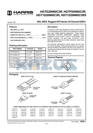 HGTP20N60C3R datasheet - 40A, 600V, Rugged UFS Series N-Channel IGBTs