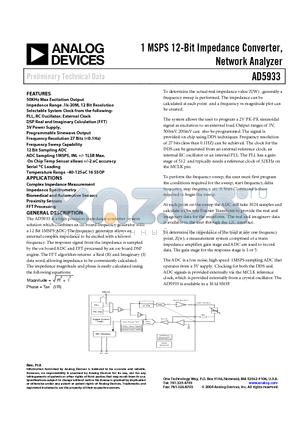 AD5933 datasheet - 1 MSPS 12-Bit Impedance Converter, Network Analyzer