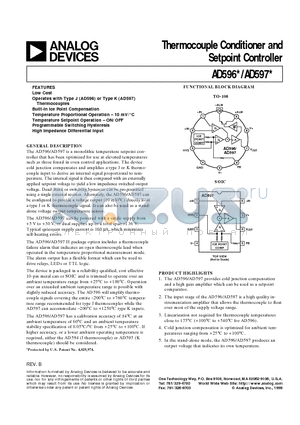 AD597AH datasheet - Thermocouple Conditioner and Setpoint Controller