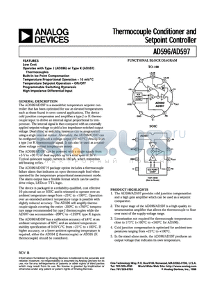 AD597ARZ datasheet - Thermocouple Conditioner and Setpoint Controller
