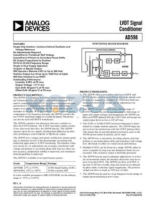 AD598A datasheet - LVDT Signal Conditioner