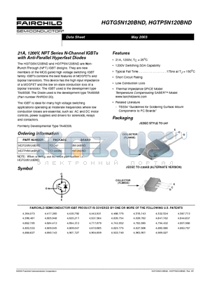 HGTP5N120BND datasheet - 21A, 1200V, NPT Series N-Channel IGBTs with Anti-Parallel Hyperfast Diodes