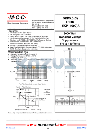 5KP75C datasheet - 5000 Watt Transient Voltage Suppressors 5.0 to 110 Volts