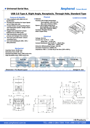 GSB311111HR datasheet - USB 3.0 Type A. Right Angle, Receptacle, Through Hole, Standard Type