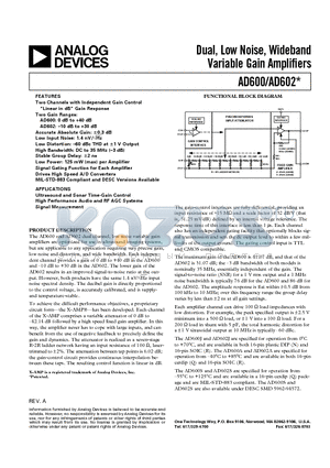 AD602AQ datasheet - Dual, Low Noise, Wideband Variable Gain Amplifiers