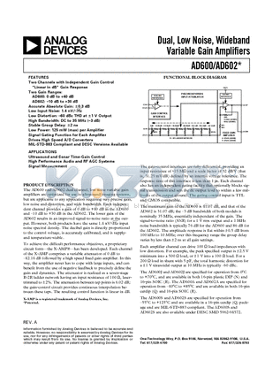 AD602 datasheet - Dual, Low Noise, Wideband Variable Gain Amplifiers