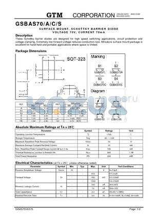 GSBAS70 datasheet - SURFACE MOUNT SCHOTTKY BARRIER DIODE