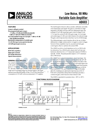 AD603ACHIPS datasheet - Low Noise, 90 MHz Variable Gain Amplifier