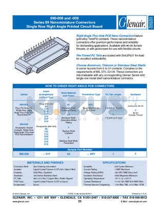 890-009-25PT-BRT1J datasheet - Nanominiature Connectors Single Row Right Angle Printed Circuit Board