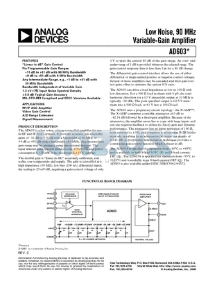 AD603 datasheet - Low Noise, 90 MHz Variable-Gain Amplifier