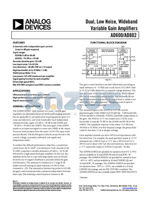 AD602JR-REEL datasheet - Dual, Low Noise, Wideband Variable Gain Amplifiers