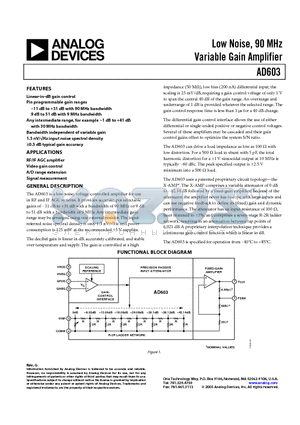 AD603 datasheet - Low Noise, 90 MHz Variable Gain Amplifier