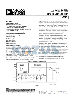 AD603ARZ datasheet - Low Noise, 90 MHz Variable Gain Amplifier